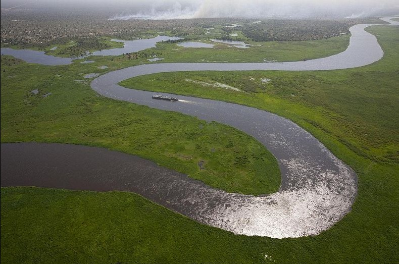 Aerial view of a winding river through wetlands in South Sudan